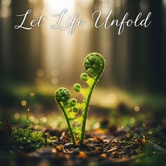 A serene, low-angle shot captures two vibrant, unfurling fern fronds bathed in soft, golden sunlight, symbolizing growth and new beginnings against a blurred forest backdrop evoking tranquility 