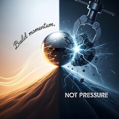 A visually striking conceptual image comparing momentum and pressure, split into contrasting warm and cool tones, showcasing a sphere with glowing trails symbolizing momentum and a cracking rock