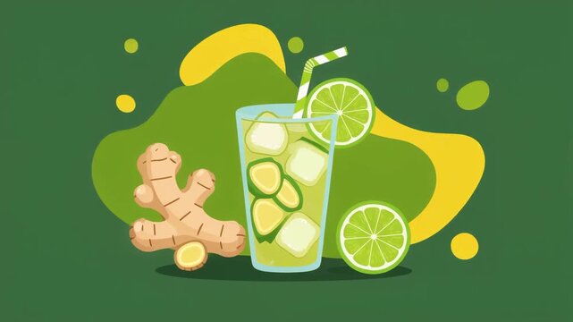 Refreshing Citrus Fusion: An artful illustration of a vibrant citrus beverage, brimming with ice cubes and sliced citrus fruits, alongside a fresh ginger root and slice of fruit.
