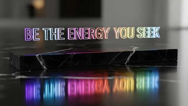 A vibrant and uplifting message, 'Be The Energy You Seek', glows with neon colors above a sleek, reflective black marble surface, creating a motivational atmosphere through its luminous text 