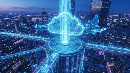 Neon blue cloud computing symbol rising over a futuristic dark city skyline representing massive data storage global networks and modern technology communication - Powered by Adobe