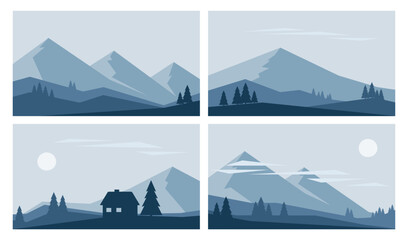 Fototapeta premium Minimalistic winter landscapes set. Mountains, fir trees and house. Hand drawn vector illustrations in blue colors