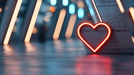 A glowing neon heart is displayed against a concrete structure in a modern, futuristic environment with ambient lighting.