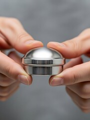 Focused metallic box in hand, showcasing compact storage solution design