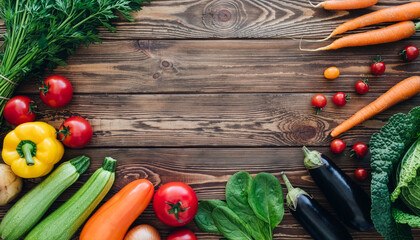 Farm fresh vibrant vegetables beautifully arranged on rustic wooden table with space for text, inspiring healthy eating and seasonal cooking concepts