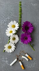 White and purple flowers form lungs above broken cigarettes on gray smoking