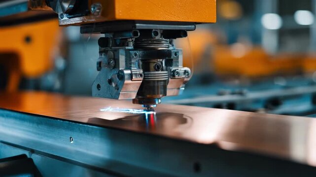 Medium shot of laser device precisely measuring copper sheet thickness during extrusion for quality control in an industrial setting