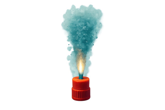 Smoking teal pyrotechnic flare emitting colorful smoke