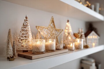 Warm Festive Decorations Featuring Candles Stars and Trees