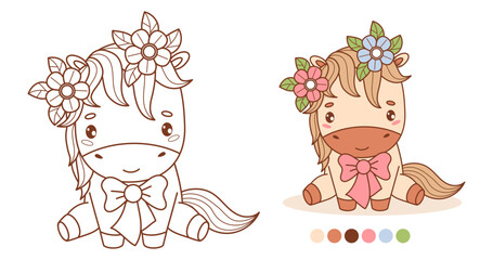 Obraz premium Little Cartoon Horse Girl with Bow, Flower Wreath. Cute Holiday Pony Kawaii Animal Character. Isolated Outline and Color drawing. Coloring Book. Kids collection. Vector illustration. Not AI