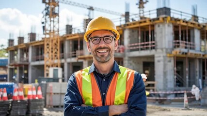 Successful construction manager smiling confidently on site overseeing building project progress, a dynamic video clip showing a dedicated professional at work