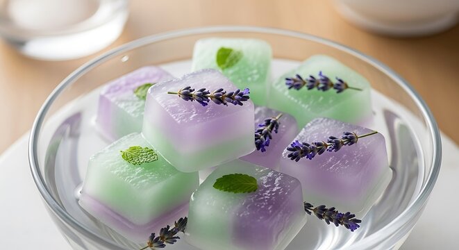 Aromatic lavender and mint infused ice cubes floating in a glass bowl