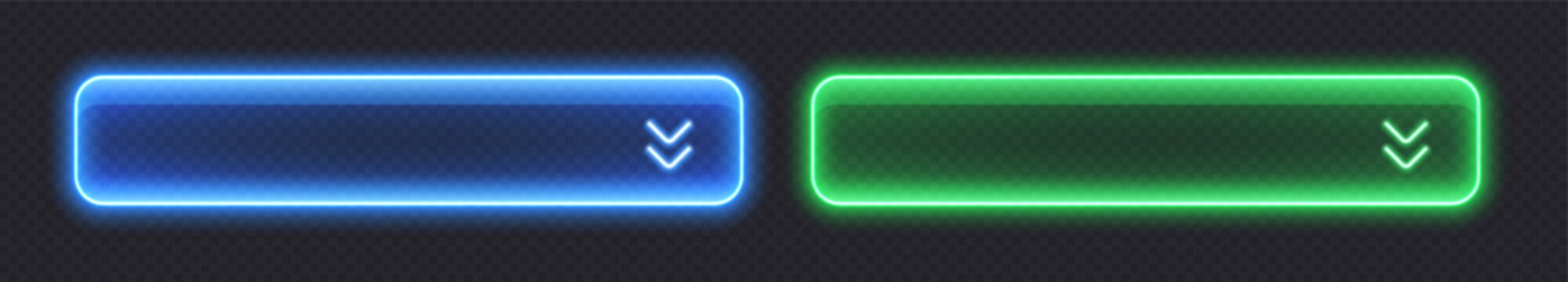 Neon dropdown buttons, glossy transparent banners made from glass. Modern design element. Vector illustration.