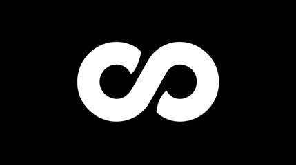 Obraz premium Minimalist white infinity symbol icon on a solid black background. Conceptual graphic representing endlessness, eternity, perpetuity, and a limitless future.