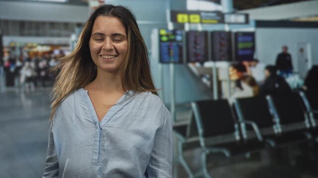 Woman with eyes closed and palms up in meditation pose at airport terminal near seating and flight screens, light blue blouse and rings; calm.