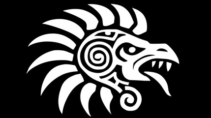 Majestic stylized eagle head with intricate tribal patterns on a black background, ancient Mesoamerican inspired art and cultural symbol.