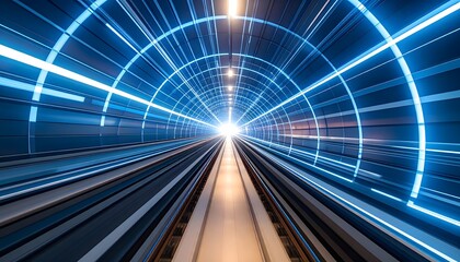 Futuristic digital speed tunnel with glowing blue light trails creating a sense of motion and depth.