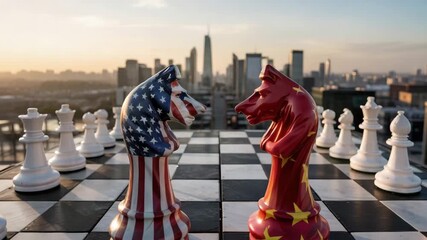 China versus USA economic chess game with city skyline backdrop, a dynamic trade war concept with strategic moves for global business success - Powered by Adobe