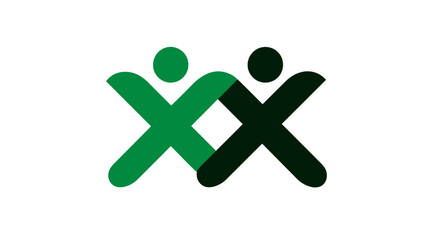 Modern abstract graphic icon of two linked stylized human figures in green, symbolizing community, teamwork, connection, and partnership.