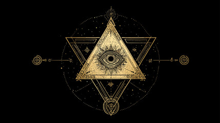 Esoteric Golden Eye Triangle with Sacred Geometry, Mystical Symbols, and Celestial Elements on Black Background