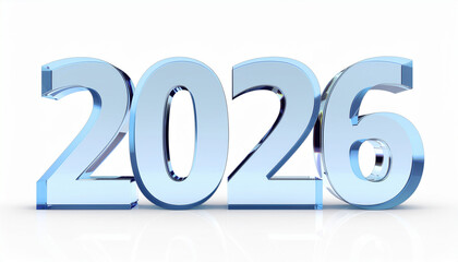 2026 glass numerals in glossy blue on white background conveying future, celebration and modern concept with reflective surface and clean minimalist composition