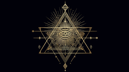 Golden Eye of Providence in radiant pyramid with sacred geometry on black background. Mystical, esoteric symbol of wisdom and enlightenment.