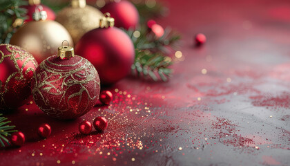 Festive red and gold Christmas ornament arrangement with glitter, evergreen sprigs, and bokeh lights evoking warm holiday celebration