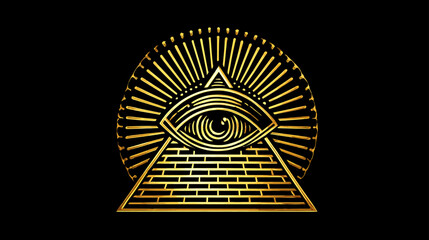 Intricate golden All-Seeing Eye (Eye of Providence) symbol in a radiant pyramid triangle on black background. Mystical spiritual icon.