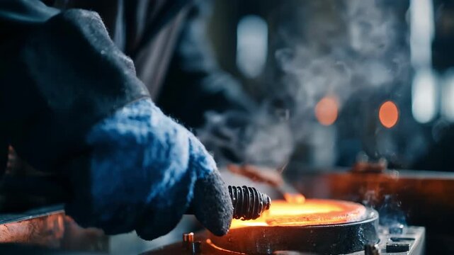 Medium shot of a skilled technician using precise temperature controls to evenly heat a metal workpiece during annealing for improved softness and ductility.