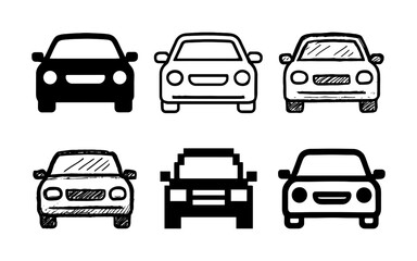 Fototapeta premium Collection of car silhouettes: hand drawn, linear, pixelated styles showcasing front views