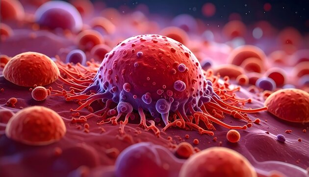 Highly detailed illustration of a monocyte immune cell in the bloodstream interacting with surrounding cells.