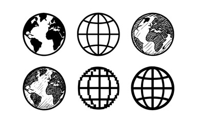 Hand drawn globe icons with various styles for design projects