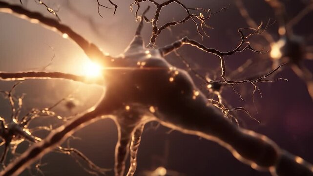 A neuron extends its intricate branches towards a radiant light, revealing a stunning web of connectivity. The glowing synapses illuminate the dark space, showcasing the beauty of