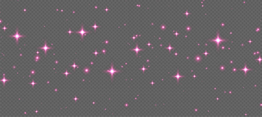 Pink sparkling stars, shiny particles light effect, transparent flying stardust texture, abstract twinkle Christmas decoration. Vector illustration.