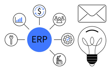 ERP system in blue circle linked to icons for analytics, finance, team, tools, production, and settings. Ideal for business management, workflow optimization, technology organization resources