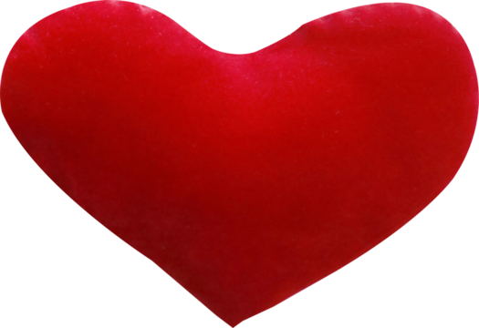 red velvet heart shaped pillow on transparent background