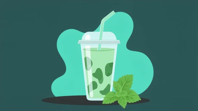 Refreshing Mint Drink Illustration: A vivid illustration presents a vibrant mint-flavored beverage, served in a transparent cup with a straw, garnished with a sprig of fresh mint.