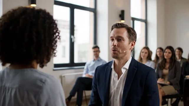 Engaging presentation by a speaker in a modern classroom setting with diverse audience