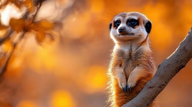 A cute meerkat stands upright on a tree branch, with a blurred autumn background. The image is bathed in warm sunlight.
