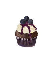 Digital watercolor illustration of a chocolate cupcake topped with blueberries on a transparent background. Hand-painted with rich chocolate 