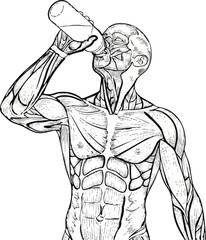 Anatomical illustration of a muscular male figure with exposed musculature, drinking from a bottle.