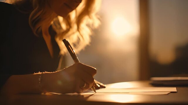 A woman with wavy hair carefully writes with a pen on a blank piece of paper while basking in the warm glow of a sunset. The sunlight enhances her focused expression and the soft t