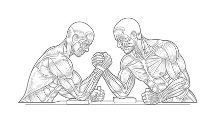 An anatomical illustration of two muscular figures with exposed musculature engaged in an arm wrestling competition.