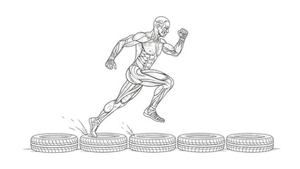 An anatomical illustration of a muscular athlete performing agility drills by running over tires.
