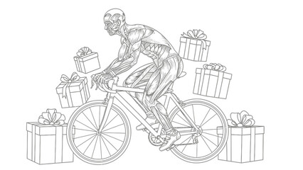 Anatomical illustration of a muscular cyclist riding a bicycle surrounded by wrapped gift boxes.