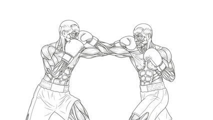 Anatomical line drawing of two muscular boxers fighting, showing detailed human musculature in action.