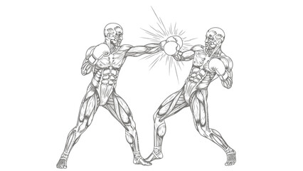 Anatomical illustration of two muscular &eacute;corch&eacute; figures boxing, with one athlete landing a powerful punch on the other.