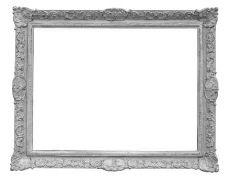 Vintage black and white antique picture frame with transparent background.	