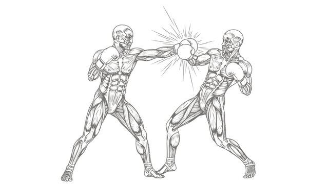 Anatomical illustration of two muscular &eacute;corch&eacute; figures boxing, with one athlete landing a powerful punch on the other.