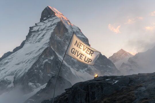 Silver Mountain Peak with Glowing Flag Etched with “Never Give Up”